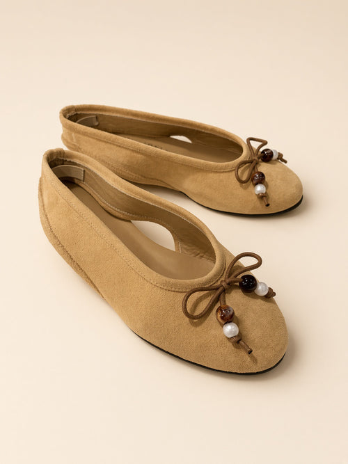 Perlenbesetzter Slingback-Ballerina mit Schleife – Beige