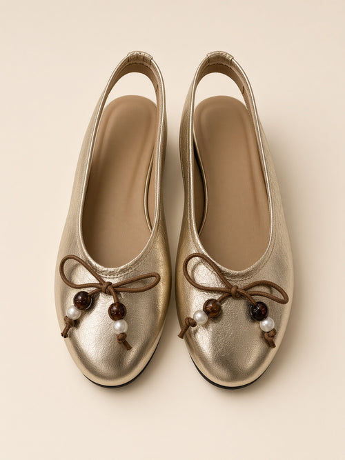Perlenverzierte Riemchen-Ballerinas mit Schleife – Gold