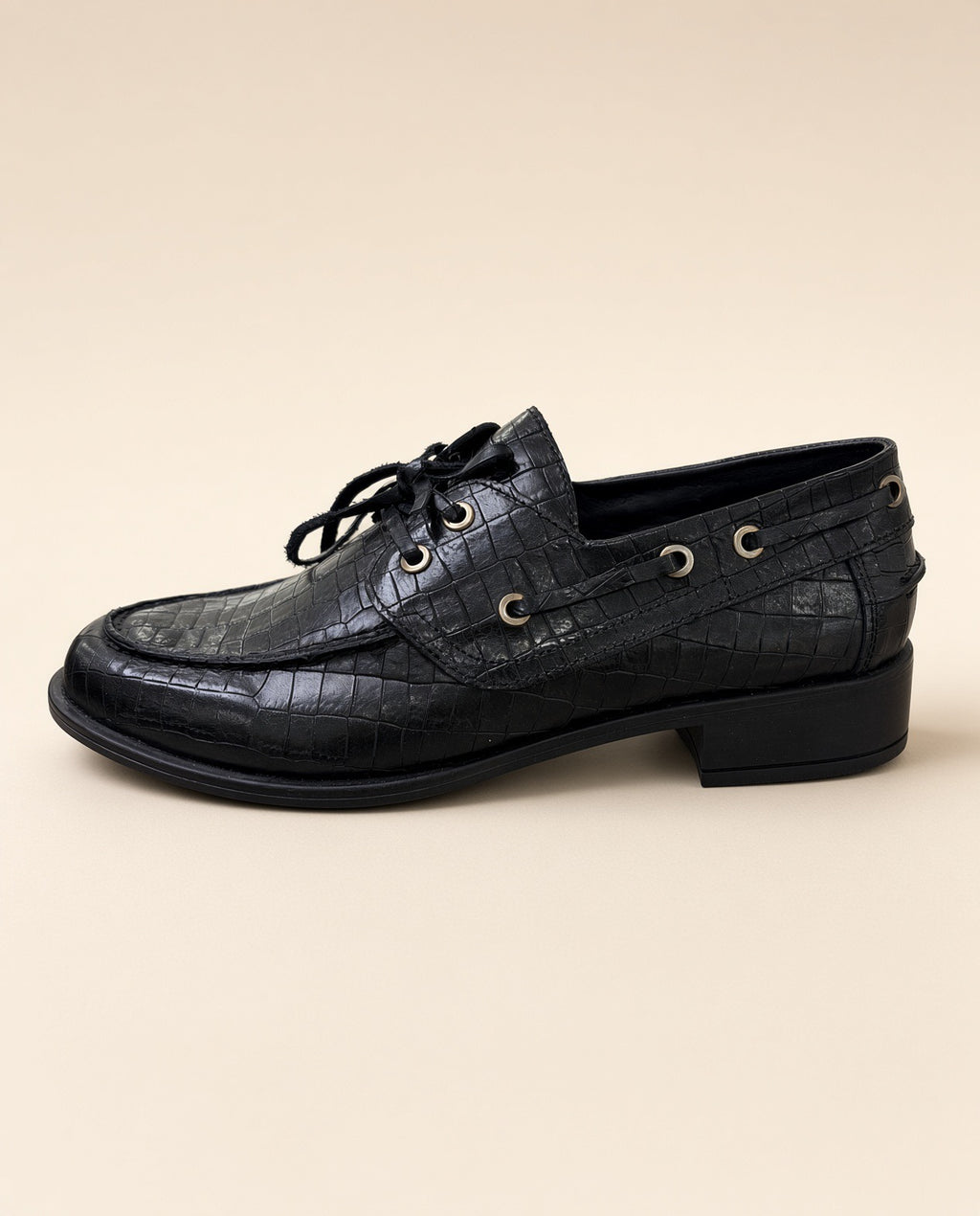 Black Crocodile-Embossed Leather Lace-Up Shoes