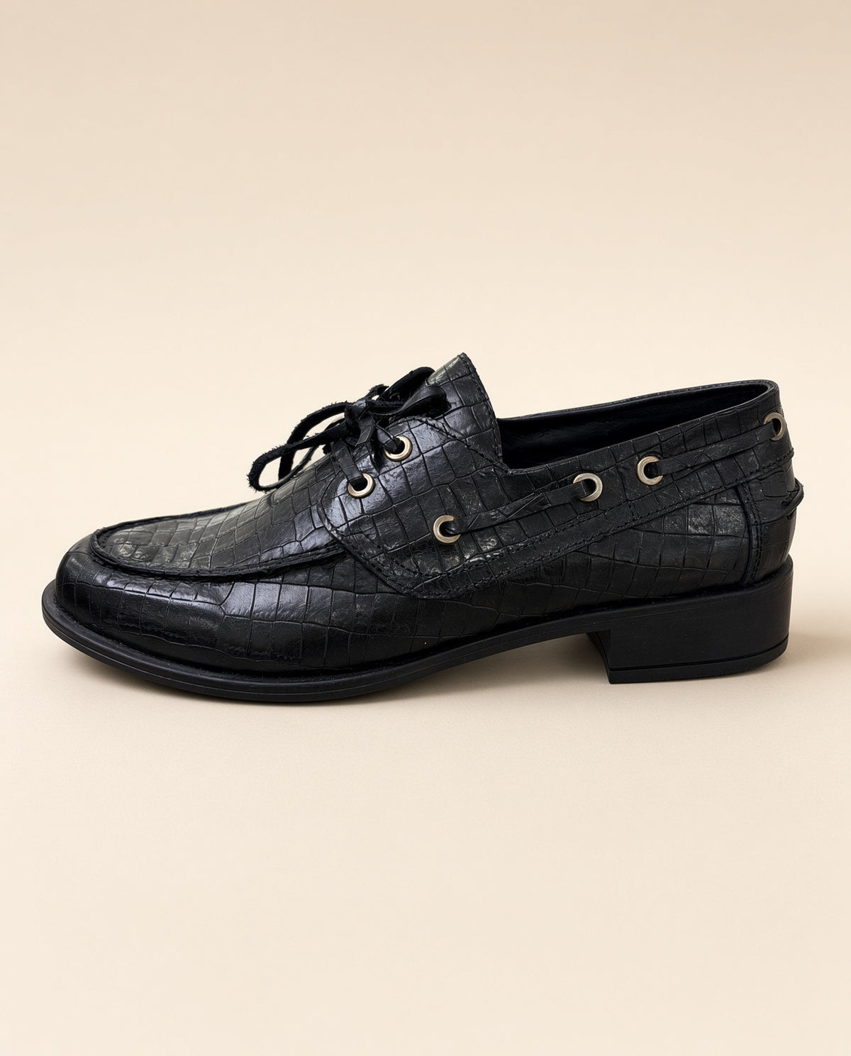 Black Crocodile-Embossed Leather Lace-Up Shoes