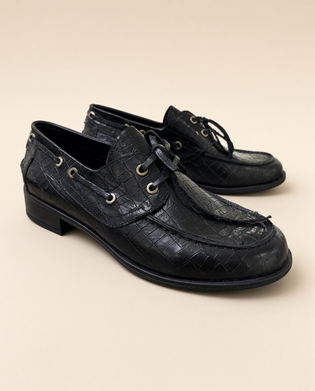 Black Crocodile-Embossed Leather Lace-Up Shoes