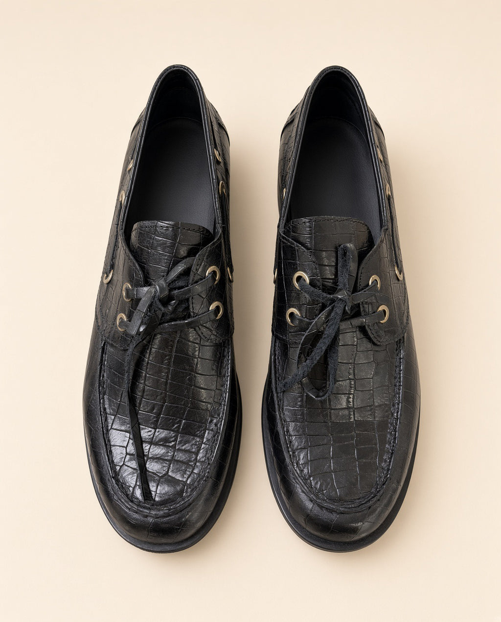 Black Crocodile-Embossed Leather Lace-Up Shoes