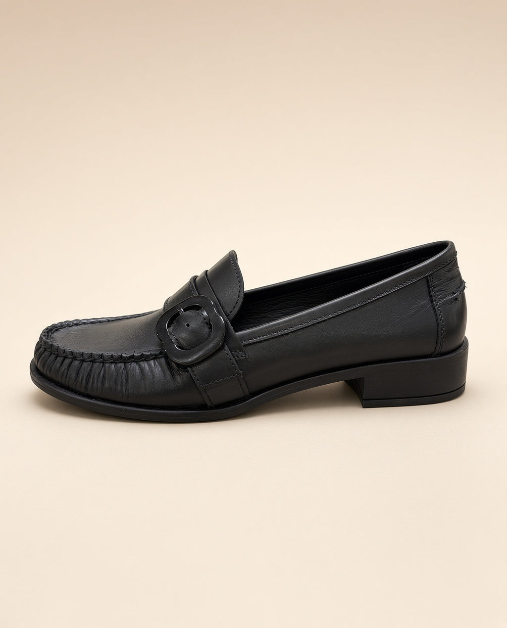 Black Leather Buckle Loafers