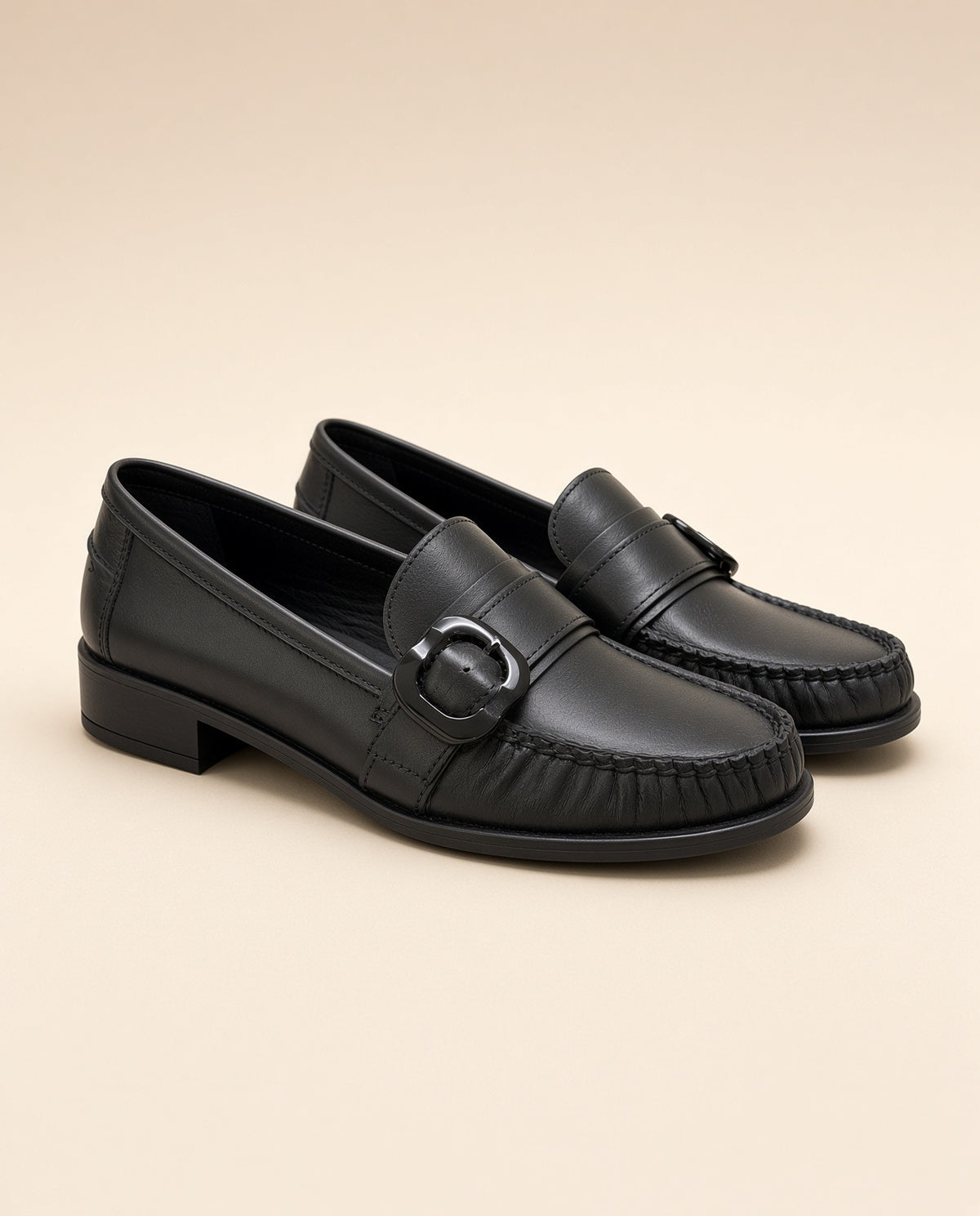 Black Leather Buckle Loafers