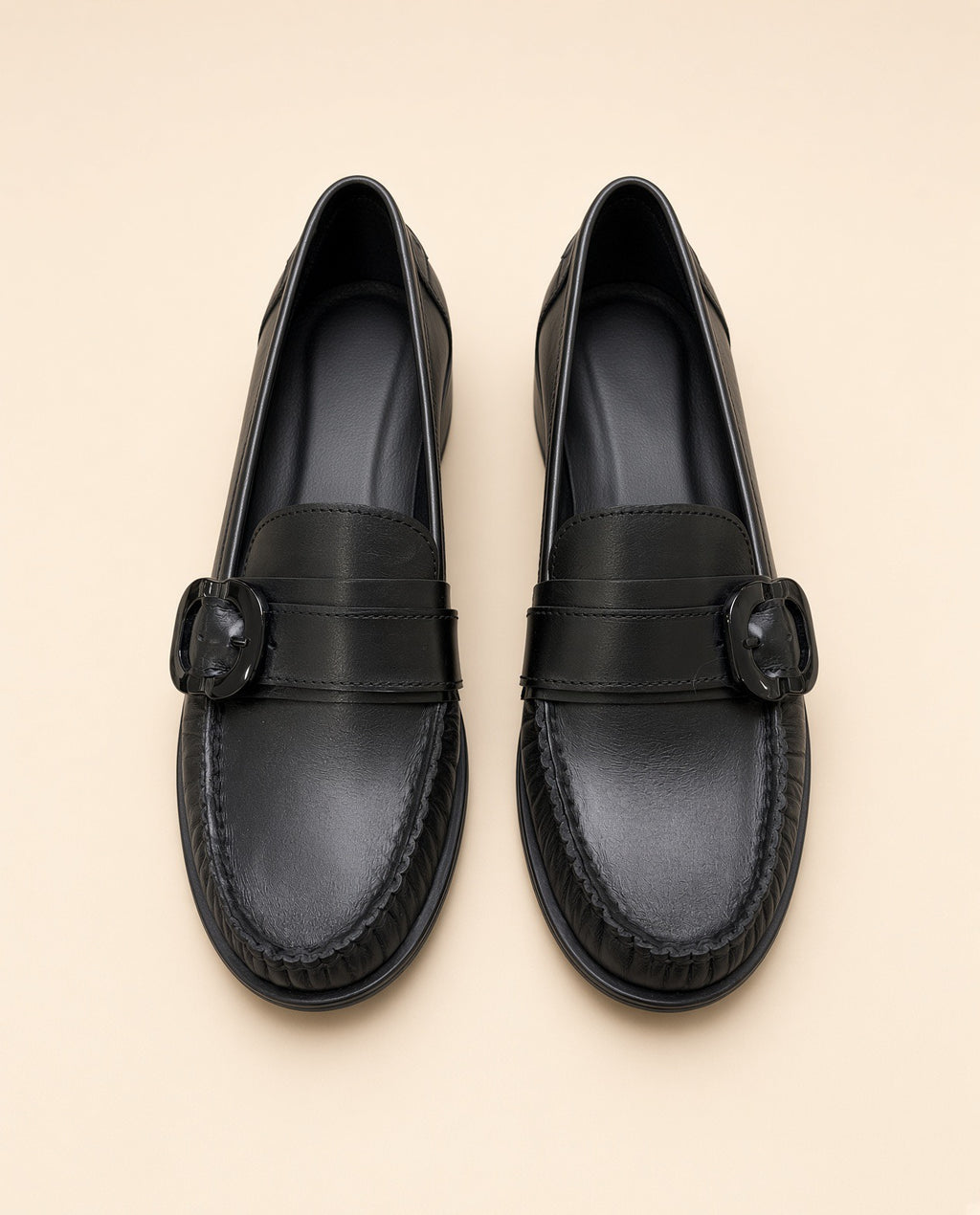 Black Leather Buckle Loafers