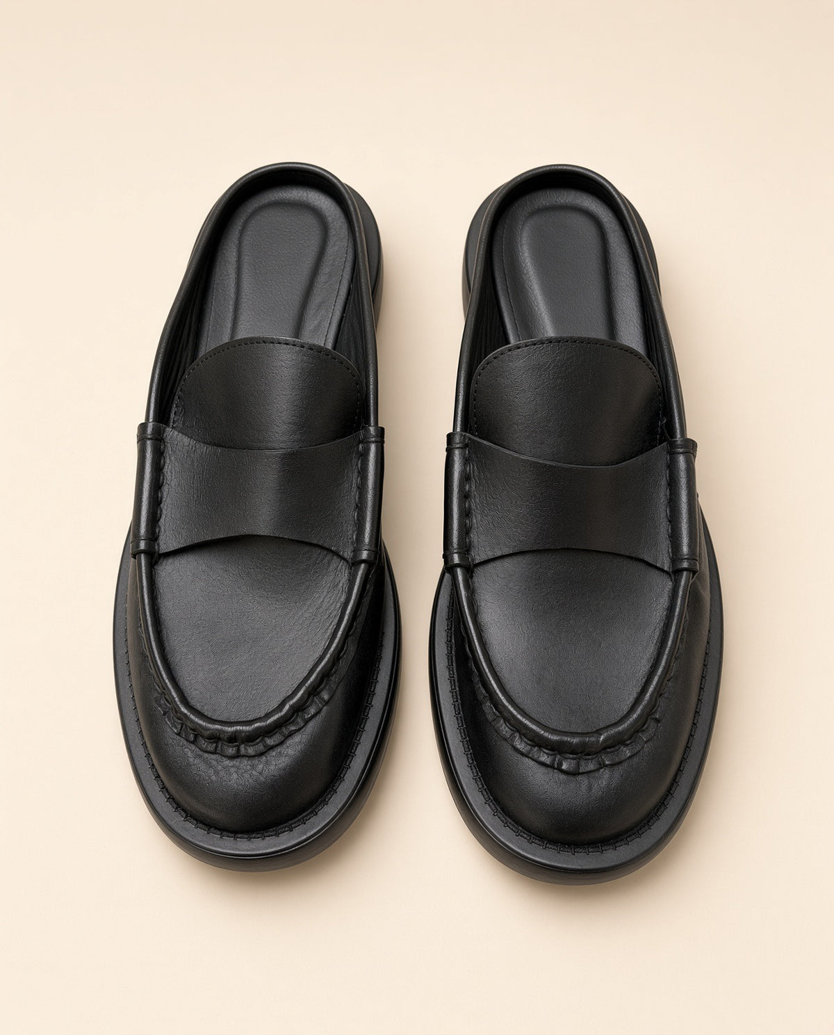 Black Leather Backless Loafer Mules