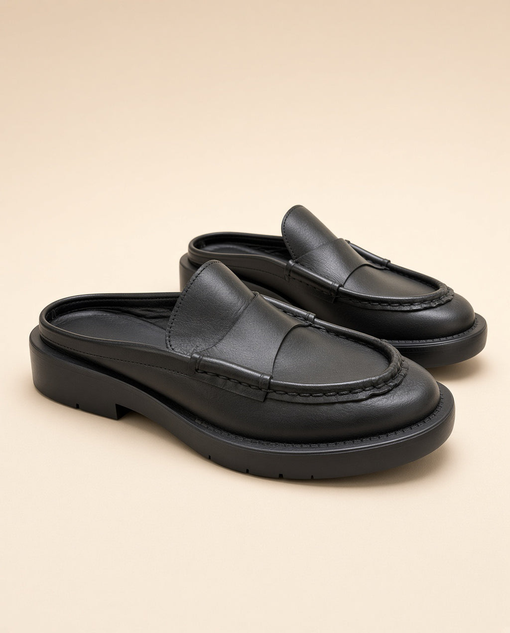 Black Leather Backless Loafer Mules